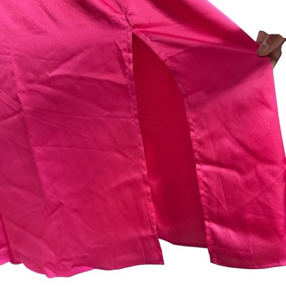 NSR Smocked Fuchsia Pink Party Dress Midi M Puff Sleeves Slit Satiny 3592 READ - Picture 13 of 13